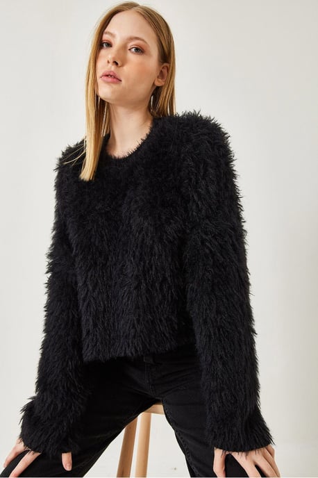 Gestructureerde Crew Neck Crop Trui met Pluche Detail - Image 2