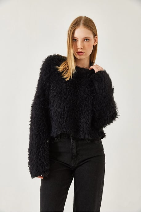 Gestructureerde Crew Neck Crop Trui met Pluche Detail - Image 4