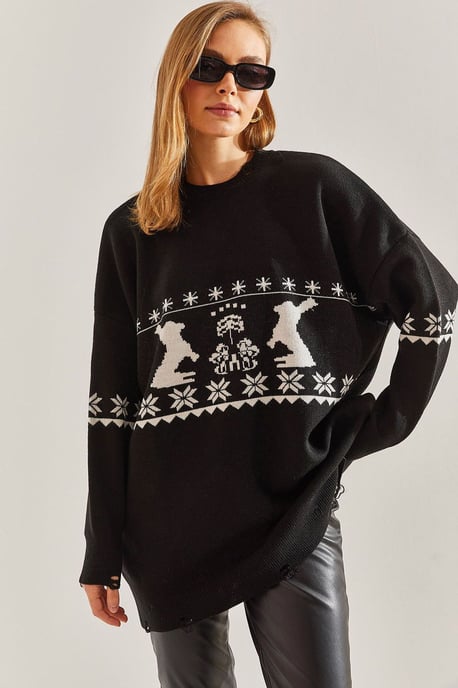 Lange Oversized Gebreide Sweater met Patroon en Ronde Hals - Image 1