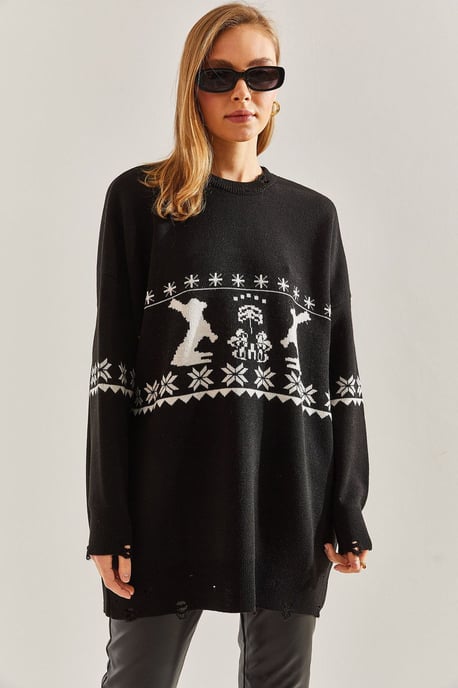 Lange Oversized Gebreide Sweater met Patroon en Ronde Hals - Image 3