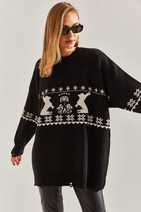 Lange Oversized Gebreide Sweater met Patroon en Ronde Hals - Image 4