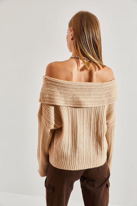 Off Shoulder Geribbelde Gebreide Trui - Image 2