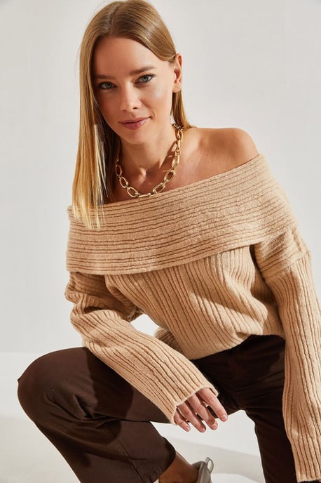 Off Shoulder Geribbelde Gebreide Trui - Image 4