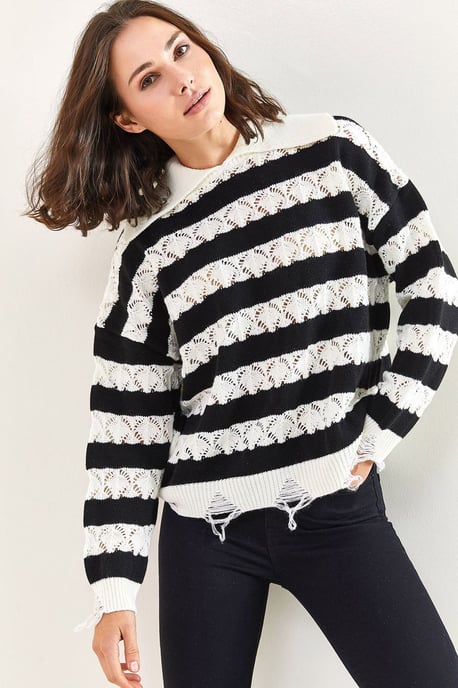 Randig Crew Neck Långärmad Löst Passform Tröja - Image 1