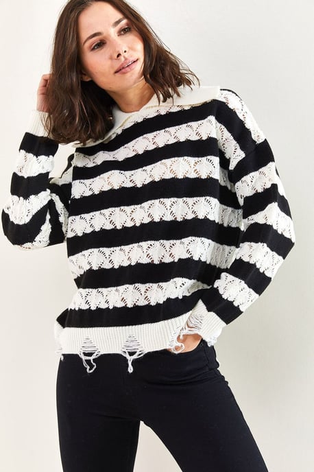 Randig Crew Neck Långärmad Löst Passform Tröja - Image 2
