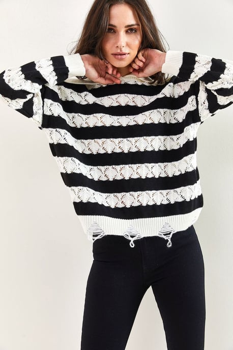Randig Crew Neck Långärmad Löst Passform Tröja - Image 3