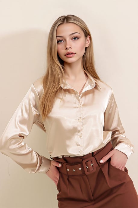 Satin Lange Mouw Knop-Up Shirt - Image 1