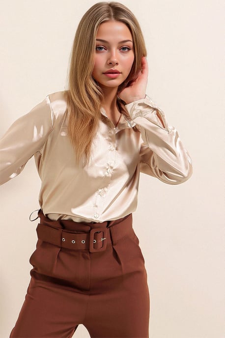 Satin Lange Mouw Knop-Up Shirt - Image 2