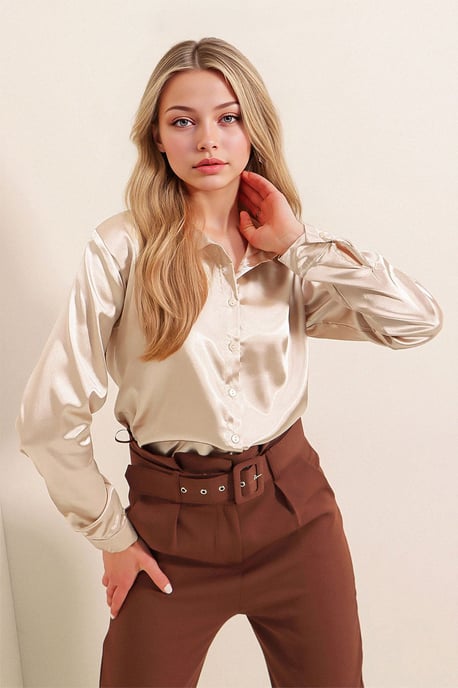 Satin Lange Mouw Knop-Up Shirt - Image 3