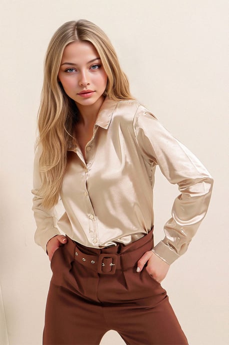 Satin Lange Mouw Knop-Up Shirt - Image 4