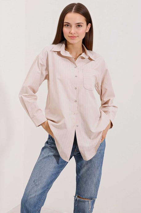 Oversized Gestreepte Poplin Shirt met Zak - Image 1