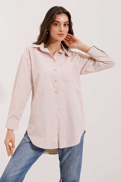 Oversized Gestreepte Poplin Shirt met Zak - Image 2