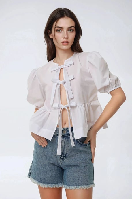 Cotton Crew Neck Blouse with Bow Detail - Image 1