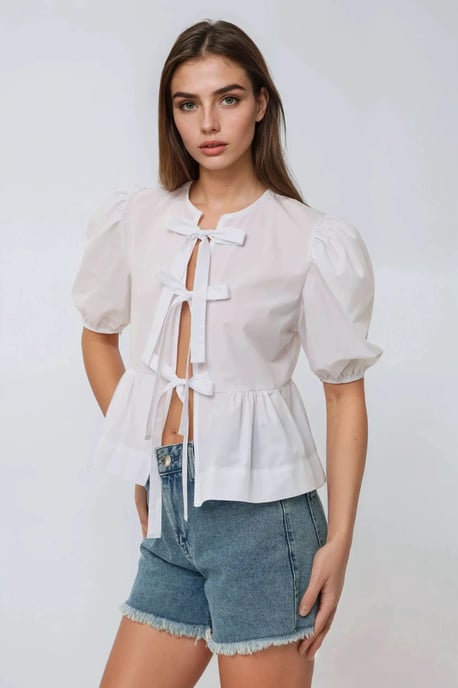 Cotton Crew Neck Blouse with Bow Detail - Image 2