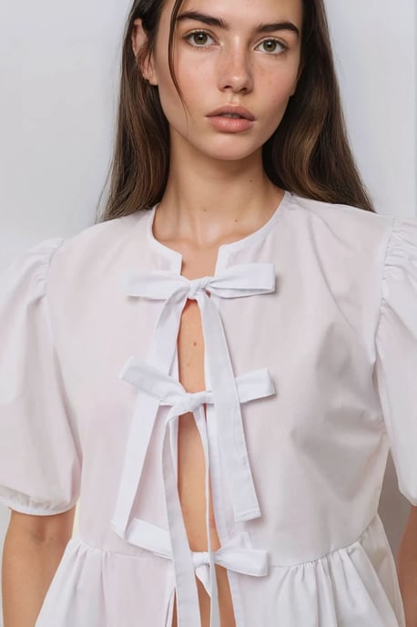 Cotton Crew Neck Blouse with Bow Detail - Image 3