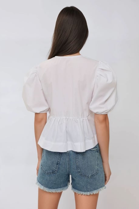 Cotton Crew Neck Blouse with Bow Detail - Image 5