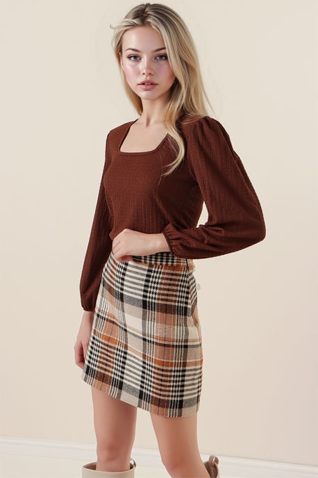 Gestructureerde Vierkante Kraag Lange Mouwen Blouse - Image 2