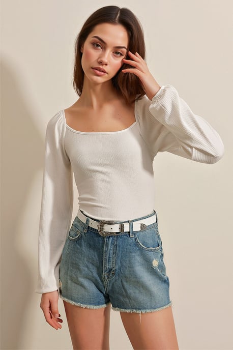 Aansluitende Textuur Blouse met Vierkante Kraag en Rimpeldetails - Image 2