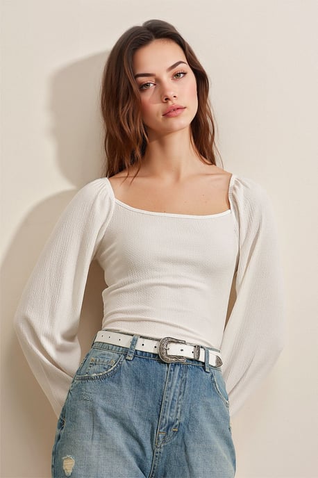 Aansluitende Textuur Blouse met Vierkante Kraag en Rimpeldetails - Image 3