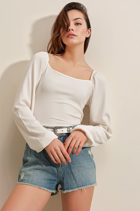 Aansluitende Textuur Blouse met Vierkante Kraag en Rimpeldetails - Image 4
