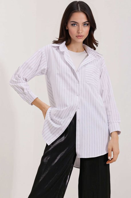 Overmaatse Gestreepte Poplin Shirt met Pocket - Image 1