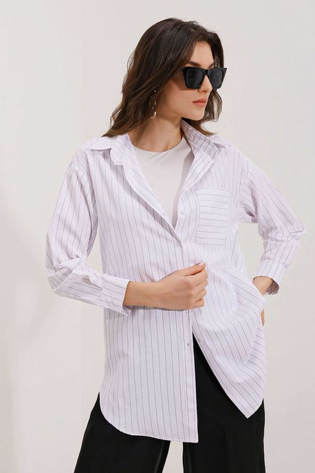 Overmaatse Gestreepte Poplin Shirt met Pocket - Image 2