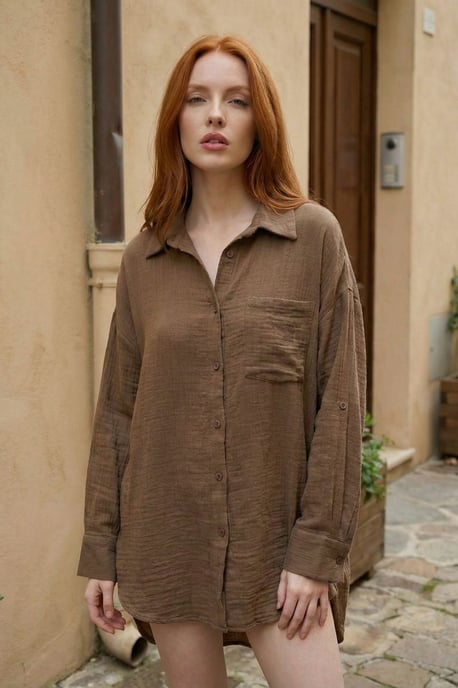 Gestructureerde Oversized Lange Shirt met Knopen Sluiting - Image 2
