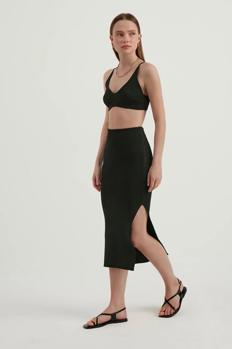 2 Pieces: V Neck Bodycon Crop Top & High Waist Maxi with a Side Slit - Image 2