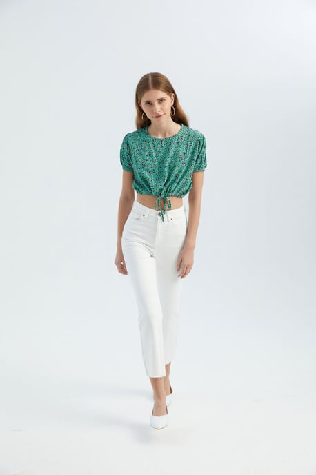 Floral Round Neck Drawstring Crop Top - Image 2