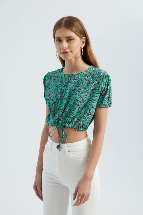 Floral Round Neck Drawstring Crop Top - Image 3