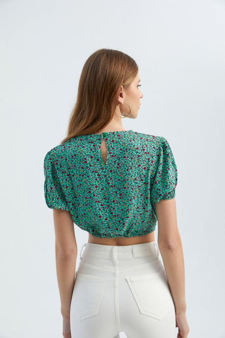 Floral Round Neck Drawstring Crop Top - Image 4
