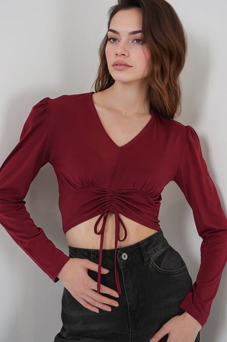 Textured V-Neck Crop Top with Ruffle Detail - Image 1