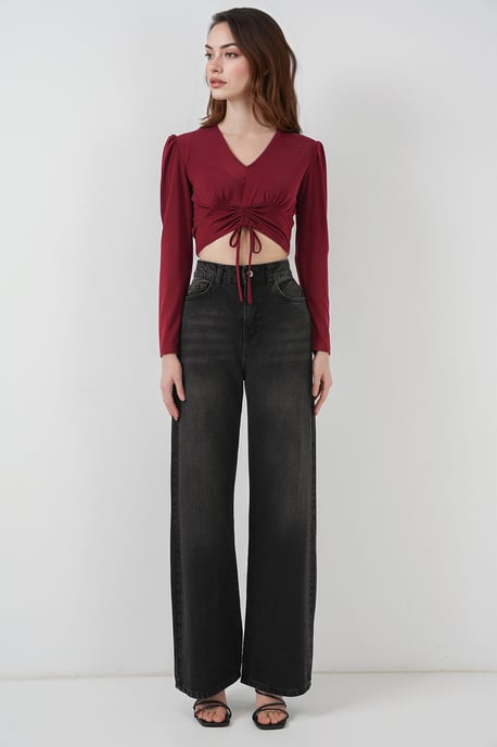 Textured V-Neck Crop Top with Ruffle Detail - Image 2