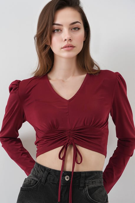 Textured V-Neck Crop Top with Ruffle Detail - Image 3