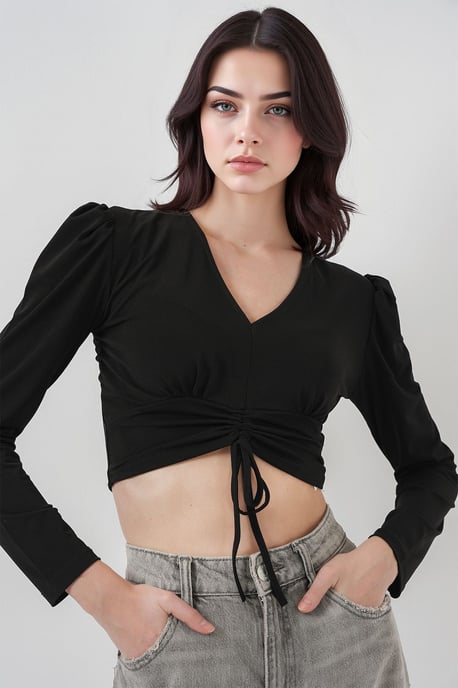 Textured V-Neck Crop Top with Ruffle Detail - Image 1