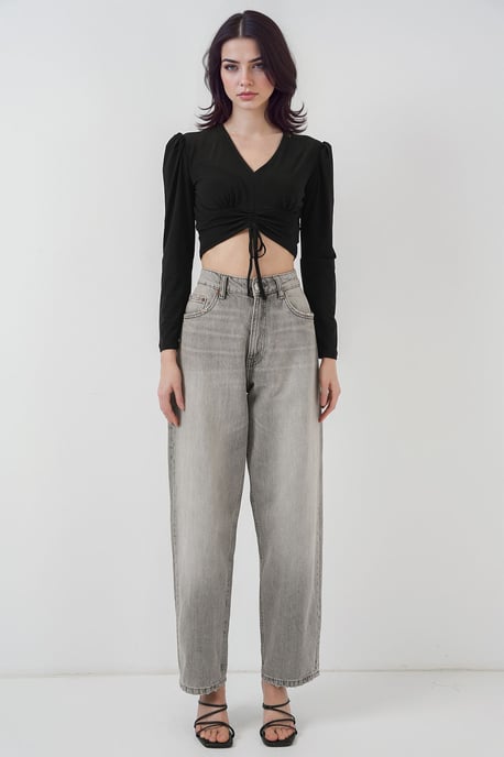 Textured V-Neck Crop Top with Ruffle Detail - Image 2