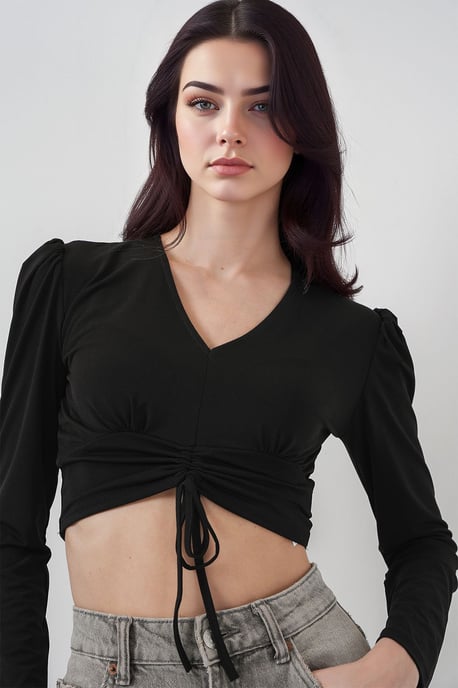 Textured V-Neck Crop Top with Ruffle Detail - Image 3