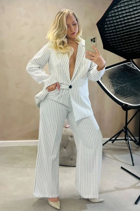 Striped Blazer with Flower Detail & Straight Leg Trousers Coord - Image 1