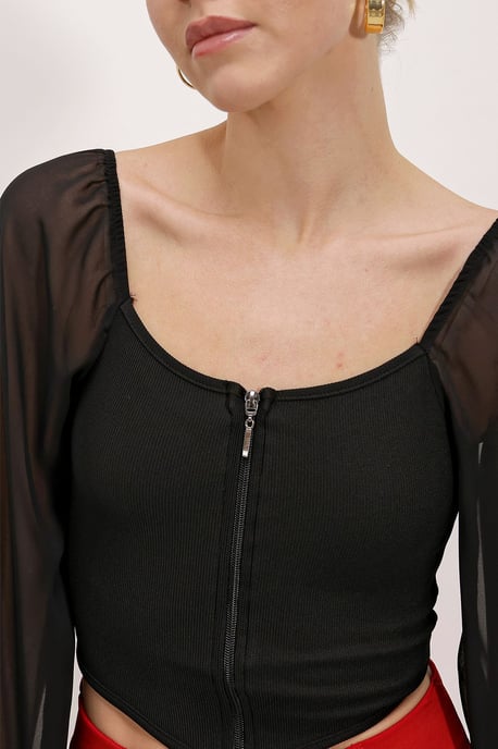 Ribbad dragkedje-cropblus med fyrkantig krage - Image 3