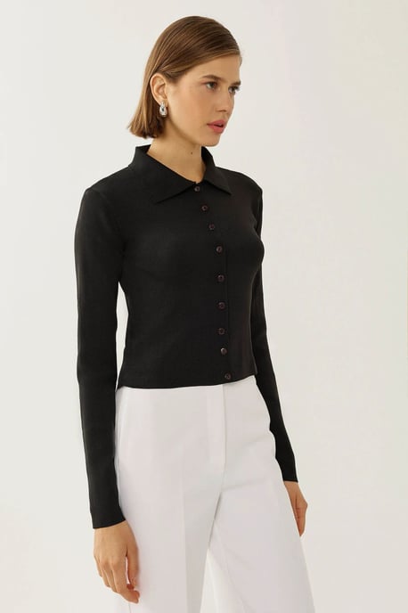 Slim Fit Stickad Topp med Knappdetalj - Image 2