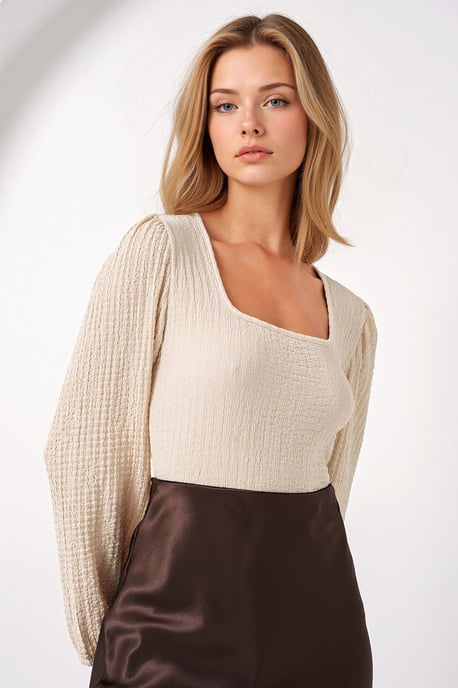Gestructureerde Vierkante Kraag Langetermijn Blouse - Image 3