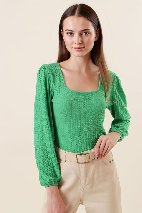 Getextureerde Vierkante Kraag Lange Mouwen Blouse - Image 1