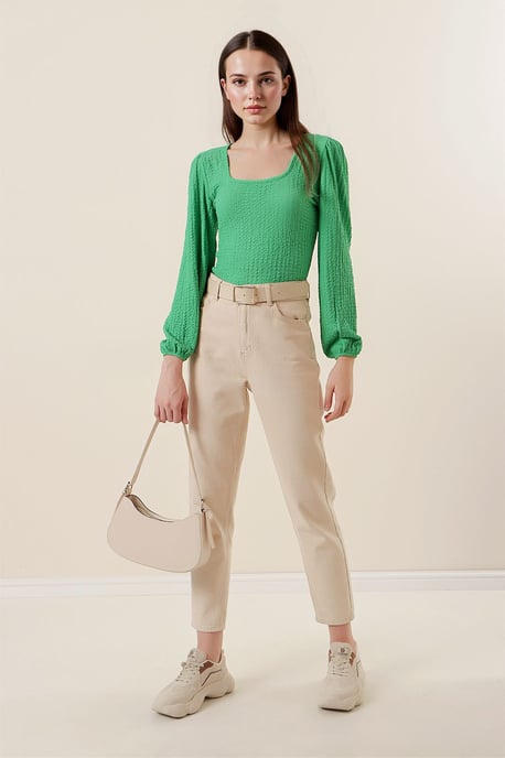 Getextureerde Vierkante Kraag Lange Mouwen Blouse - Image 2