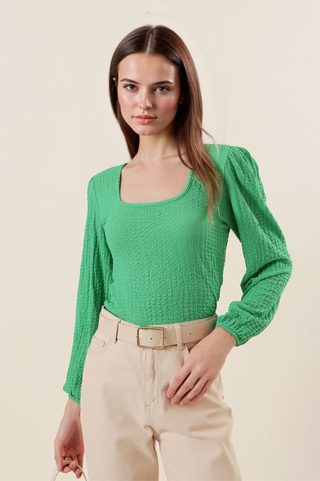 Getextureerde Vierkante Kraag Lange Mouwen Blouse - Image 3