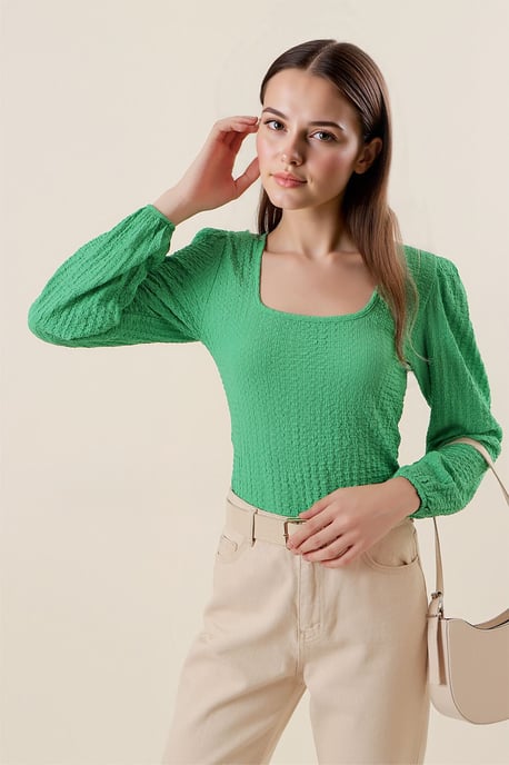 Getextureerde Vierkante Kraag Lange Mouwen Blouse - Image 4