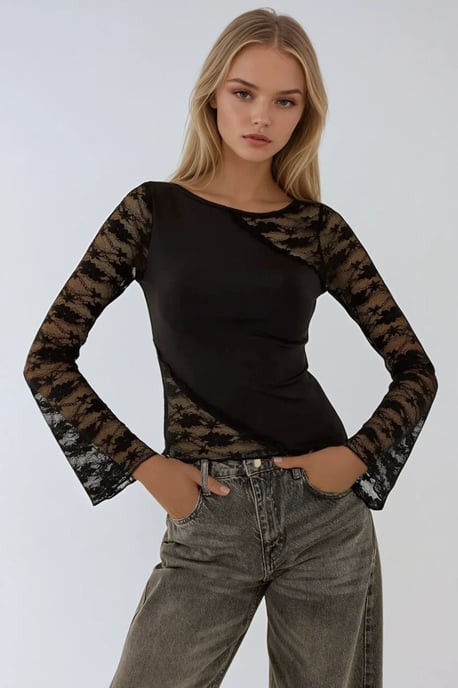 Blus med lång ärm och spetsdetaljer - Image 1