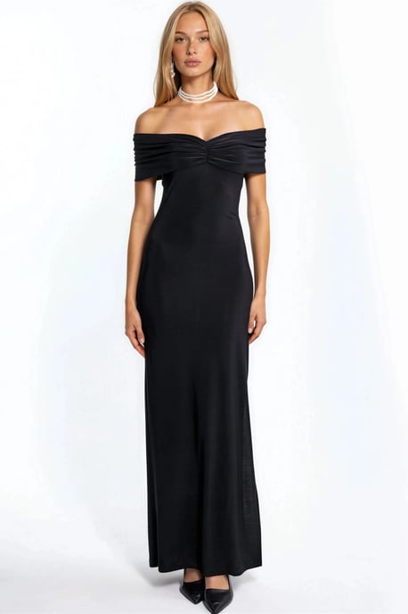 Off-Shoulder Split Gedetailleerde Zand Maxi-jurk - Image 1