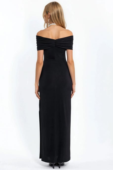 Off-Shoulder Split Gedetailleerde Zand Maxi-jurk - Image 3