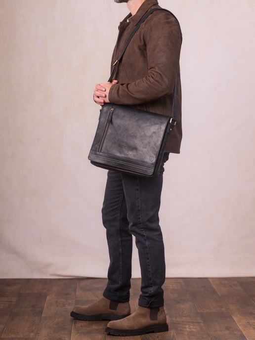 Keswick Large Leather Messenger Bag in Black - Image 2