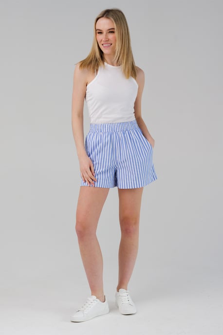 Blue Cotton Striped Elasticated Waist Shorts - Image 3